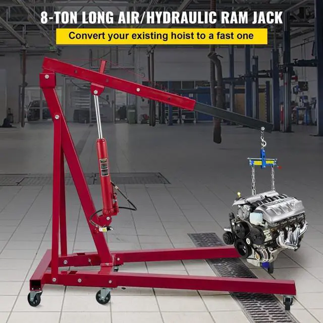 Alt view image 3 of 8 - VEVOR Hydraulic/Pneumatic Long Ram Jack, 8 Tons/17363 lbs Capacity, with Single Piston Pump and Clevis Base, Manual Cherry Picker w/Handle, for Garage/Shop Cranes, Engine Lift Hoist, Red
