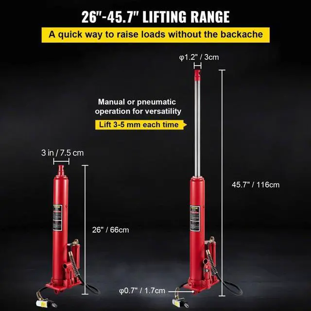 Alt view image 4 of 8 - VEVOR Hydraulic/Pneumatic Long Ram Jack, 8 Tons/17363 lbs Capacity, with Single Piston Pump and Clevis Base, Manual Cherry Picker w/Handle, for Garage/Shop Cranes, Engine Lift Hoist, Red