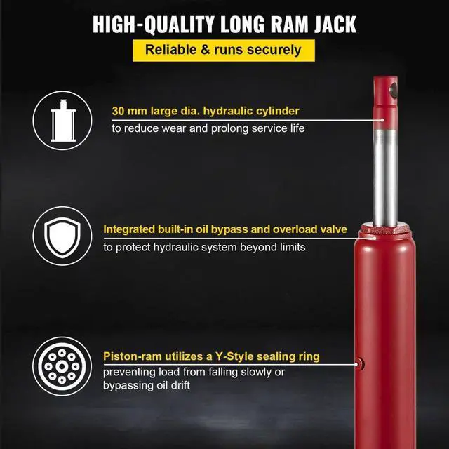 Alt view image 5 of 8 - VEVOR Hydraulic/Pneumatic Long Ram Jack, 8 Tons/17363 lbs Capacity, with Single Piston Pump and Clevis Base, Manual Cherry Picker w/Handle, for Garage/Shop Cranes, Engine Lift Hoist, Red