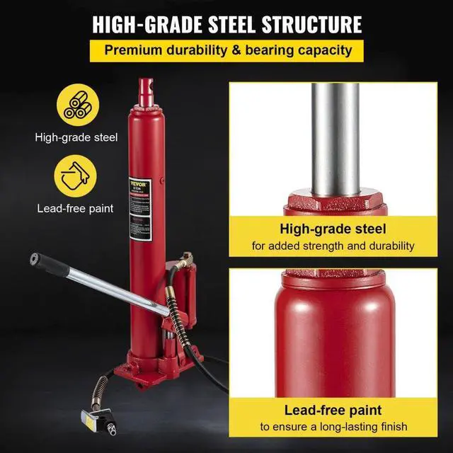 Alt view image 7 of 8 - VEVOR Hydraulic/Pneumatic Long Ram Jack, 8 Tons/17363 lbs Capacity, with Single Piston Pump and Clevis Base, Manual Cherry Picker w/Handle, for Garage/Shop Cranes, Engine Lift Hoist, Red