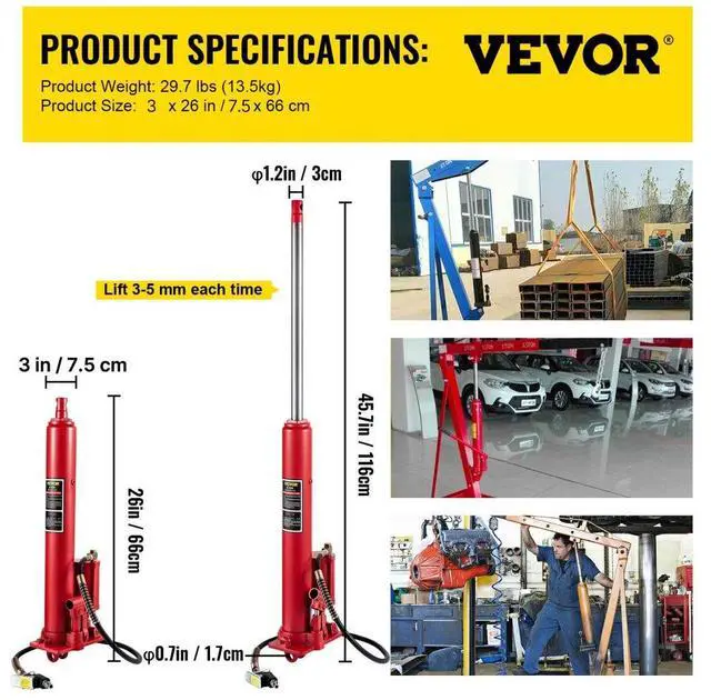 Alt view image 8 of 8 - VEVOR Hydraulic/Pneumatic Long Ram Jack, 8 Tons/17363 lbs Capacity, with Single Piston Pump and Clevis Base, Manual Cherry Picker w/Handle, for Garage/Shop Cranes, Engine Lift Hoist, Red