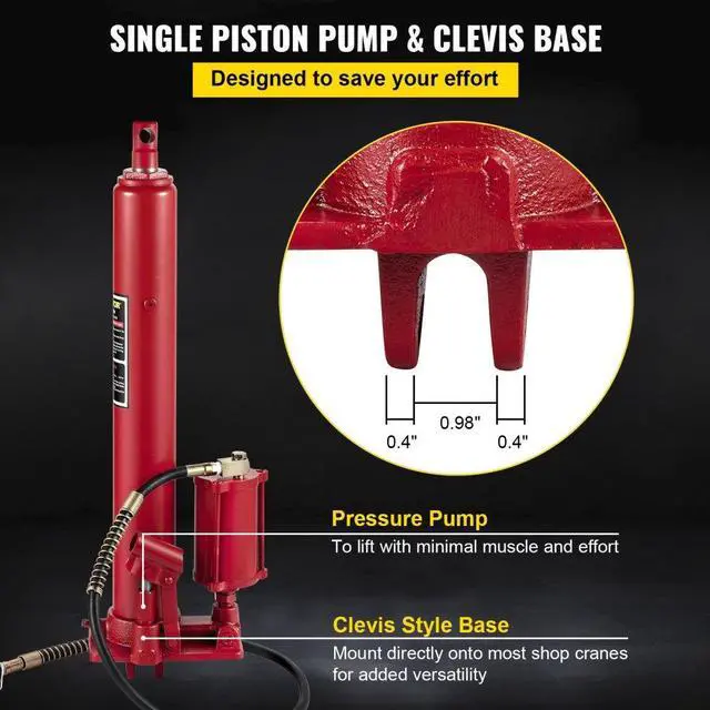 Alt view image 6 of 8 - VEVOR Hydraulic/Pneumatic Long Ram Jack, 8 Tons/17363 lbs Capacity, with Single Piston Pump and Clevis Base, Manual Cherry Picker w/Handle, for Garage/Shop Cranes, Engine Lift Hoist, Red