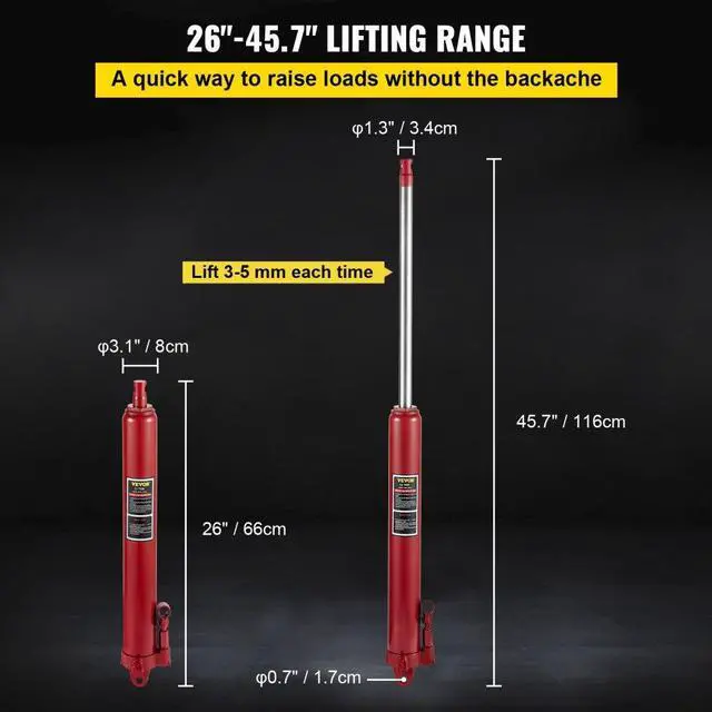 Alt view image 4 of 8 - VEVOR Hydraulic Long Ram Jack, 12 Tons/26455 lbs Capacity, with Single Piston Pump and Clevis Base, Manual Cherry Picker w/Handle, for Garage/Shop Cranes, Engine Lift Hoist, Red