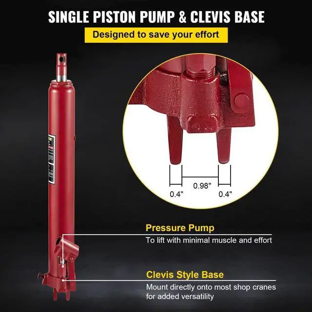 Alt view image 6 of 8 - VEVOR Hydraulic Long Ram Jack, 12 Tons/26455 lbs Capacity, with Single Piston Pump and Clevis Base, Manual Cherry Picker w/Handle, for Garage/Shop Cranes, Engine Lift Hoist, Red