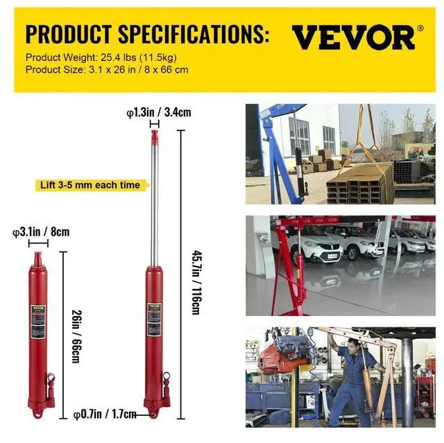 Alt view image 8 of 8 - VEVOR Hydraulic Long Ram Jack, 12 Tons/26455 lbs Capacity, with Single Piston Pump and Clevis Base, Manual Cherry Picker w/Handle, for Garage/Shop Cranes, Engine Lift Hoist, Red
