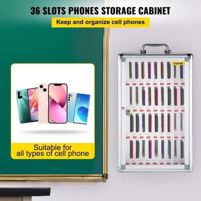 Alt view image 3 of 8 - VEVOR 36 Slots Cell Phone Cabinet Silver Aluminum Alloy Pocket Chart Storage Locker Box w/Portable Handle, Key Lock & Handwritten Tags, Wall Mounted for Classroom, Office, Gym
