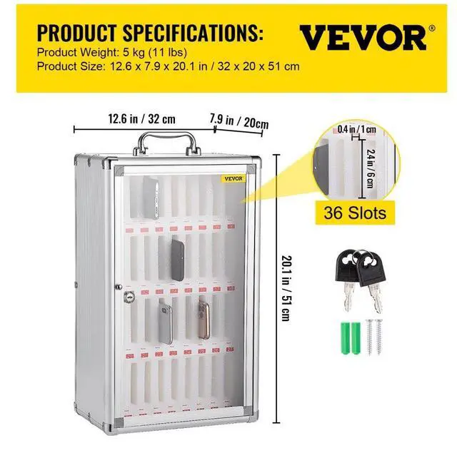 Alt view image 8 of 8 - VEVOR 36 Slots Cell Phone Cabinet Silver Aluminum Alloy Pocket Chart Storage Locker Box w/Portable Handle, Key Lock & Handwritten Tags, Wall Mounted for Classroom, Office, Gym