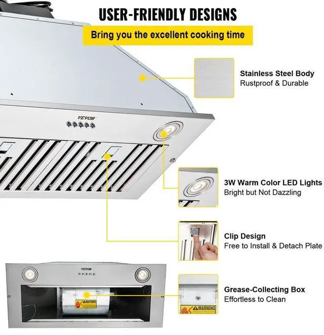 Alt view image 7 of 15 - VEVOR Insert Range Hood, 800CFM 3-Speed, 30 Inch Stainless Steel Built-in Kitchen Vent with Push Button Control LED Lights Baffle Filters, Ducted/Ductless Convertible, ETL Listed