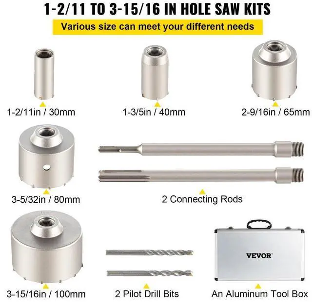 Alt view image 4 of 8 - VEVOR Concrete Hole Saw Kit, 1-2/11", 1-3/5", 2-9/16", 3-5/32", 3-15/16" Drill Bit Set SDS Plus & SDS MAX Shank Wall Hole Cutter w/a 4-1/3" Connecting Rod for Concrete, Cement, Stone Wall, Masonry