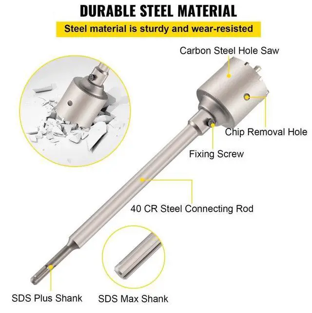 Alt view image 6 of 8 - VEVOR Concrete Hole Saw Kit, 1-2/11", 1-3/5", 2-9/16", 3-5/32", 3-15/16" Drill Bit Set SDS Plus & SDS MAX Shank Wall Hole Cutter w/a 4-1/3" Connecting Rod for Concrete, Cement, Stone Wall, Masonry