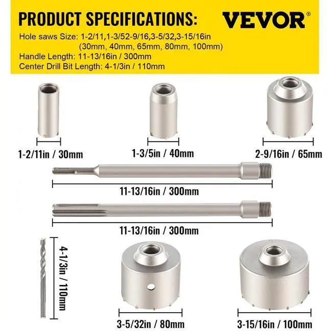Alt view image 8 of 8 - VEVOR Concrete Hole Saw Kit, 1-2/11", 1-3/5", 2-9/16", 3-5/32", 3-15/16" Drill Bit Set SDS Plus & SDS MAX Shank Wall Hole Cutter w/a 4-1/3" Connecting Rod for Concrete, Cement, Stone Wall, Masonry