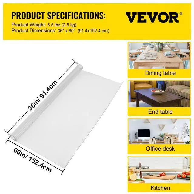 Alt view image 8 of 8 - VEVOR Plastic Table Cover 36 x 60 Inch, 1.5 mm Thick Clear Table Protector, Rectangle Clear Desk Mat, Waterproof & Easy Cleaning for Office Dresser Night Stand
