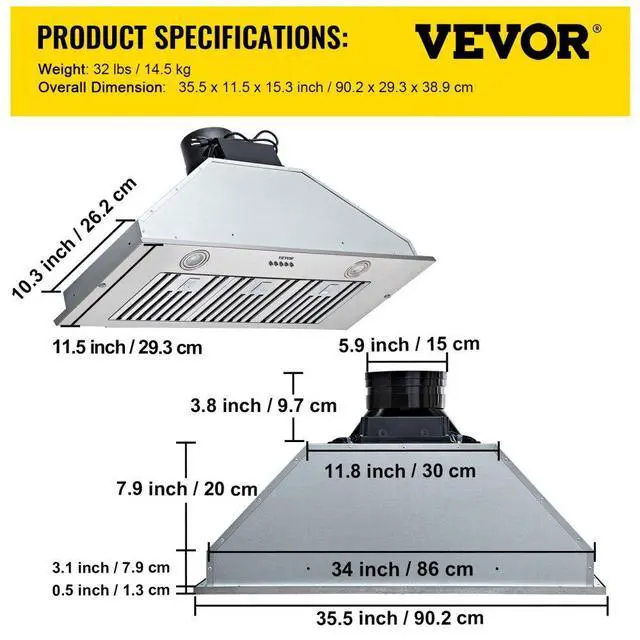 Alt view image 9 of 16 - VEVOR Insert Range Hood, 800CFM 3-Speed, 36 Inch Stainless Steel Built-in Kitchen Vent with Push Button Control LED Lights Baffle Filters, Ducted/Ductless Convertible, ETL Listed