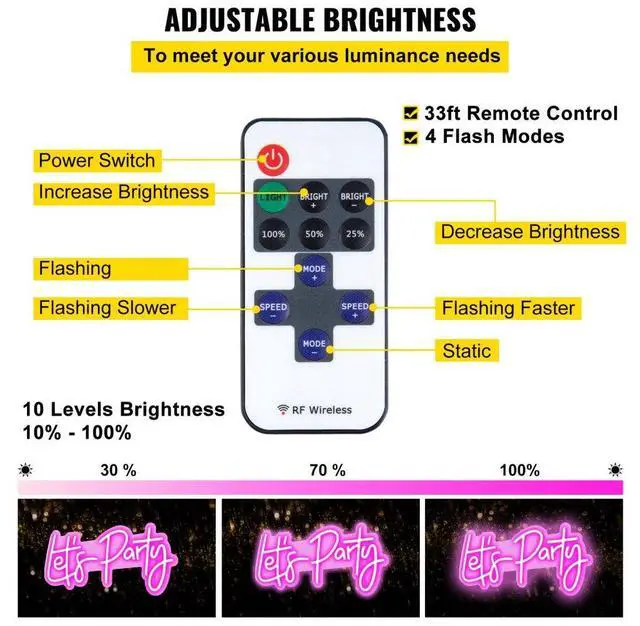 Alt view image 4 of 8 - VEVOR Let's Party Neon Sign, 23"X10" Neon Sign for Wall Decor, Adjustable Brightness Pink Neon Light Sign with Remote Control and Power Adapter, for Party/Wedding Celebration/Home Decoration