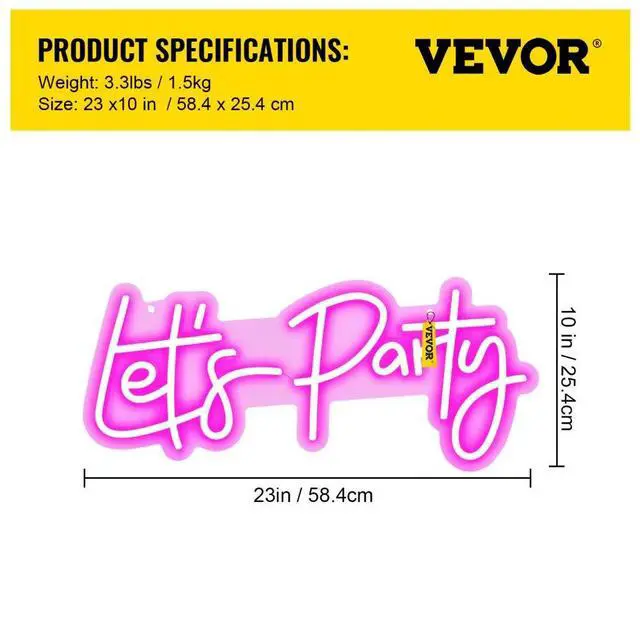 Alt view image 8 of 8 - VEVOR Let's Party Neon Sign, 23"X10" Neon Sign for Wall Decor, Adjustable Brightness Pink Neon Light Sign with Remote Control and Power Adapter, for Party/Wedding Celebration/Home Decoration