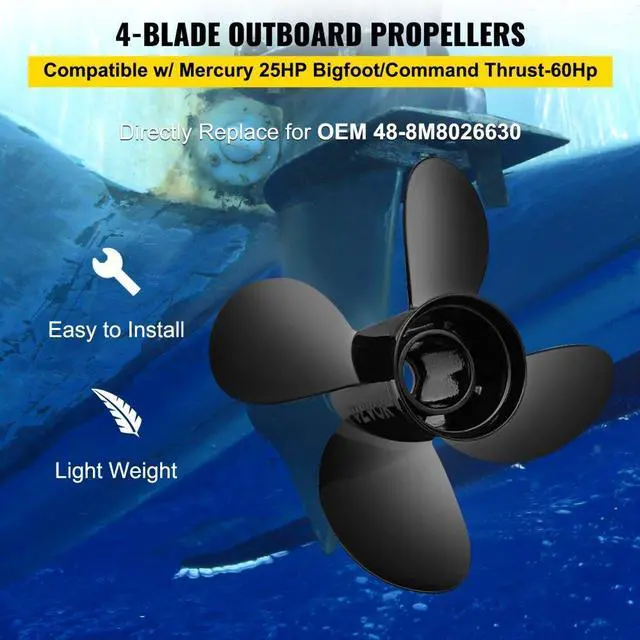 Alt view image 3 of 8 - VEVOR Outboard Propeller, Replace for OEM 48-8M8026630, 4-Blade 10.3" x 13" AluminumBoat Propeller, Compatible w/Mercury Mariner 25HP Bigfoot/Command Thrust 60Hp Outboard, 13 Tooth Splines, RH