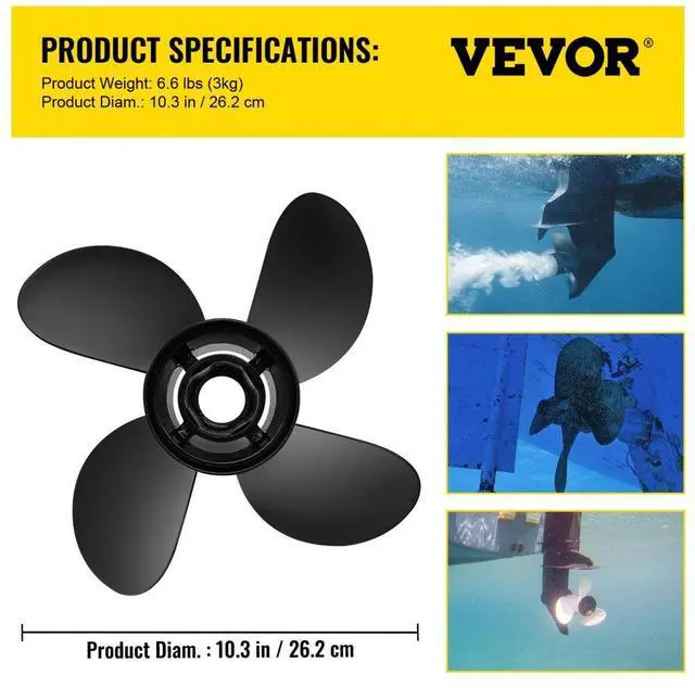 Alt view image 8 of 8 - VEVOR Outboard Propeller, Replace for OEM 48-8M8026630, 4-Blade 10.3" x 13" AluminumBoat Propeller, Compatible w/Mercury Mariner 25HP Bigfoot/Command Thrust 60Hp Outboard, 13 Tooth Splines, RH
