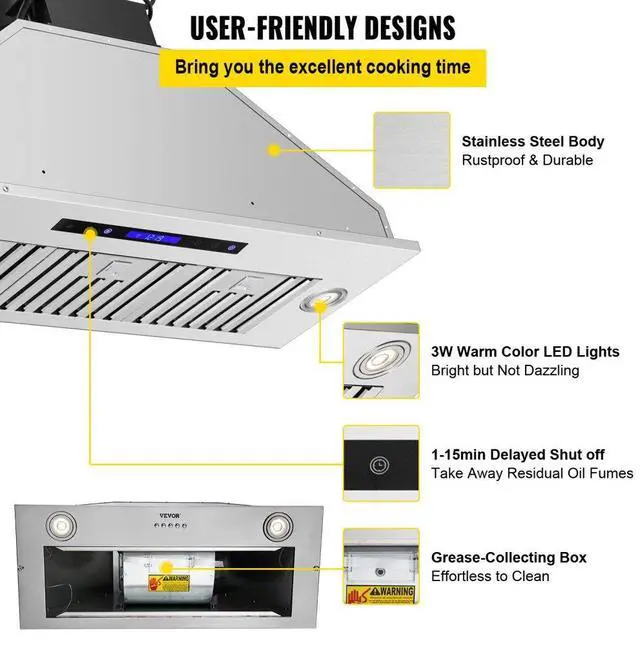 Alt view image 7 of 8 - VEVOR Insert Range Hood, 900CFM 4-Speed, 36 Inch Stainless Steel Built-in Kitchen Vent with Touch & Remote Control LED Lights Baffle Filters, Ducted/Ductless Convertible, ETL Listed