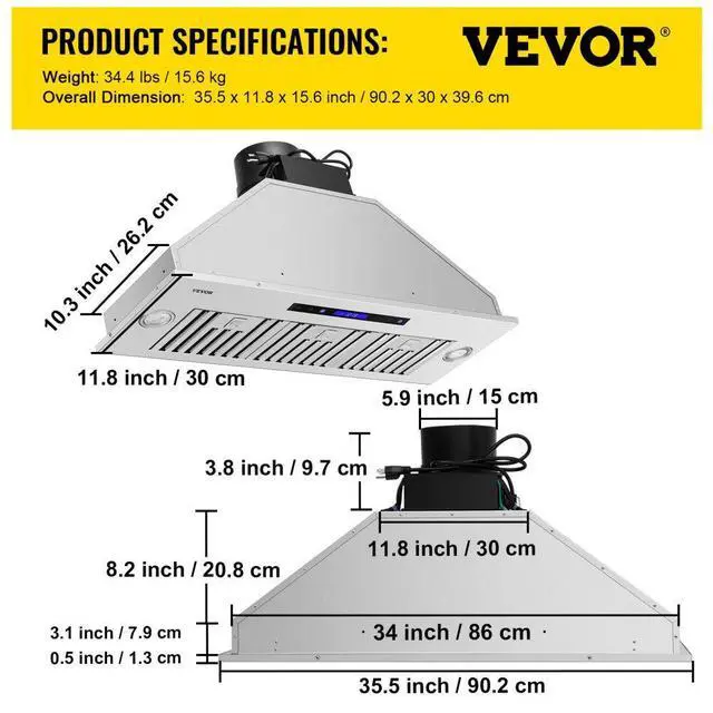 Alt view image 8 of 8 - VEVOR Insert Range Hood, 900CFM 4-Speed, 36 Inch Stainless Steel Built-in Kitchen Vent with Touch & Remote Control LED Lights Baffle Filters, Ducted/Ductless Convertible, ETL Listed