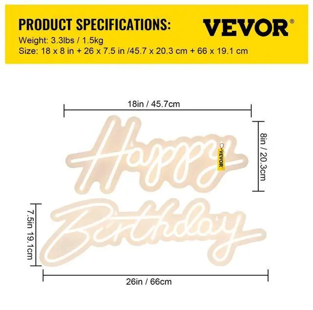 Alt view image 8 of 8 - VEVOR Happy Birthday Neon Sign, 18" x 8" & 26" x 7.5" LED Neon Lights Signs, Adjustable Brightness with Dimmer Switch and Power Adapter, Reusable for Party, Club, Celebration and Decoration Warm White