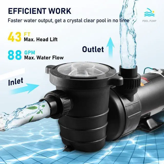 Alt view image 6 of 8 - VEVOR Swimming Pool Pump 1.5HP 115V 1100W, Single Speed Pumps for Above Ground, Powerful Self Primming Pool Pumps w/ Strainer Filter Basket, 5280 GPH Max. Flow, Certification of ETL for Security