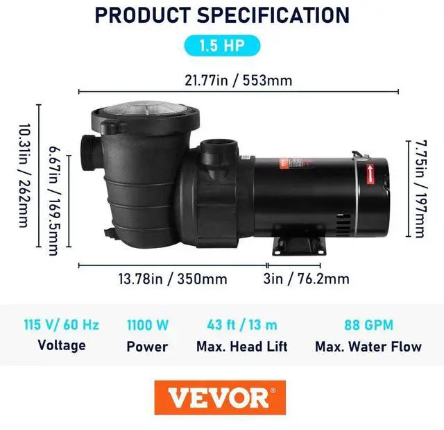 Alt view image 8 of 8 - VEVOR Swimming Pool Pump 1.5HP 115V 1100W, Single Speed Pumps for Above Ground, Powerful Self Primming Pool Pumps w/ Strainer Filter Basket, 5280 GPH Max. Flow, Certification of ETL for Security
