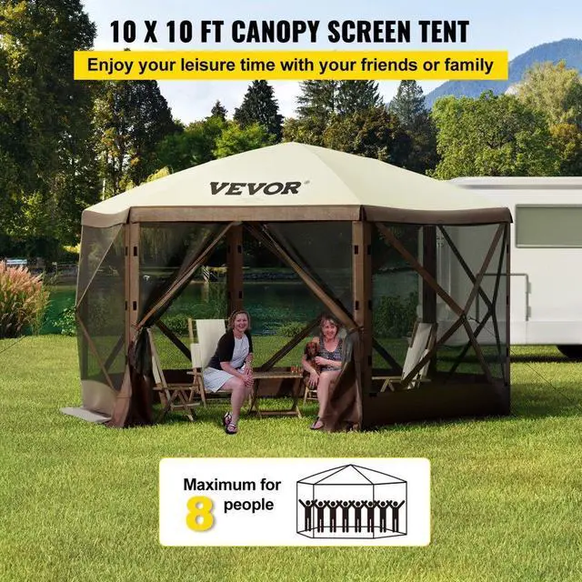 Alt view image 4 of 9 - VEVOR Camping Gazebo Tent, 10'x10', 6 Sided Pop-up Canopy Screen Tent for 8 Person Camping, Waterproof Screen Shelter w/Portable Storage Bag, Ground Stakes, Mesh Windows, Brown & Beige