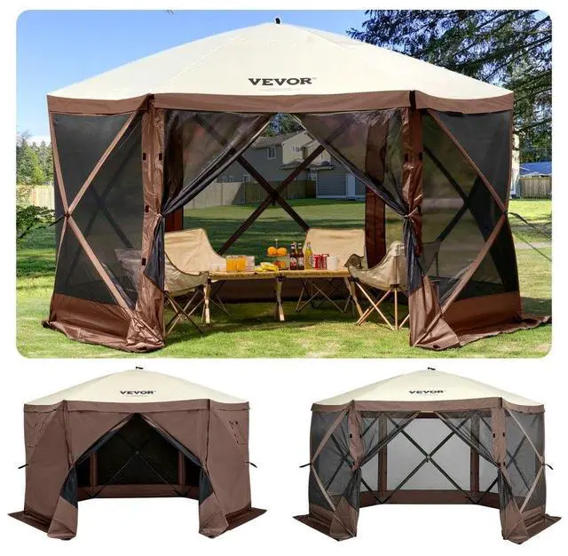 Alt view image 3 of 9 - VEVOR Camping Gazebo Tent, 10'x10', 6 Sided Pop-up Canopy Screen Tent for 8 Person Camping, Waterproof Screen Shelter w/Portable Storage Bag, Ground Stakes, Mesh Windows, Brown & Beige
