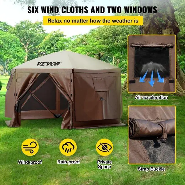 Alt view image 5 of 9 - VEVOR Camping Gazebo Tent, 10'x10', 6 Sided Pop-up Canopy Screen Tent for 8 Person Camping, Waterproof Screen Shelter w/Portable Storage Bag, Ground Stakes, Mesh Windows, Brown & Beige