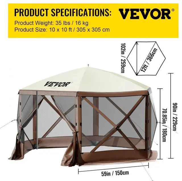 Alt view image 9 of 9 - VEVOR Camping Gazebo Tent, 10'x10', 6 Sided Pop-up Canopy Screen Tent for 8 Person Camping, Waterproof Screen Shelter w/Portable Storage Bag, Ground Stakes, Mesh Windows, Brown & Beige