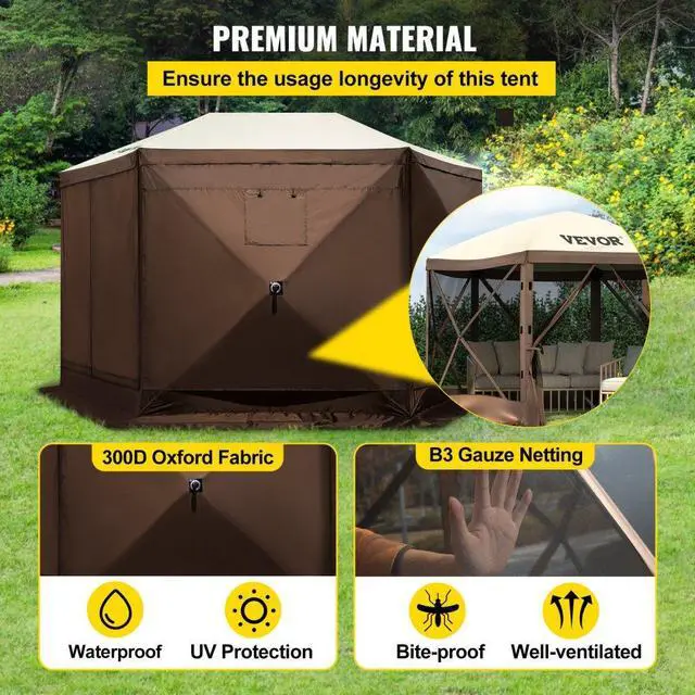 Alt view image 7 of 9 - VEVOR Camping Gazebo Tent, 10'x10', 6 Sided Pop-up Canopy Screen Tent for 8 Person Camping, Waterproof Screen Shelter w/Portable Storage Bag, Ground Stakes, Mesh Windows, Brown & Beige