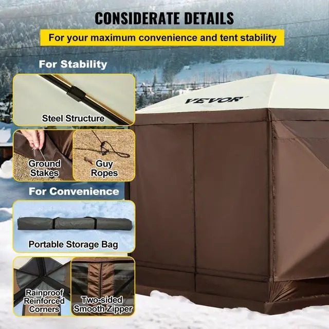 Alt view image 8 of 9 - VEVOR Camping Gazebo Tent, 10'x10', 6 Sided Pop-up Canopy Screen Tent for 8 Person Camping, Waterproof Screen Shelter w/Portable Storage Bag, Ground Stakes, Mesh Windows, Brown & Beige