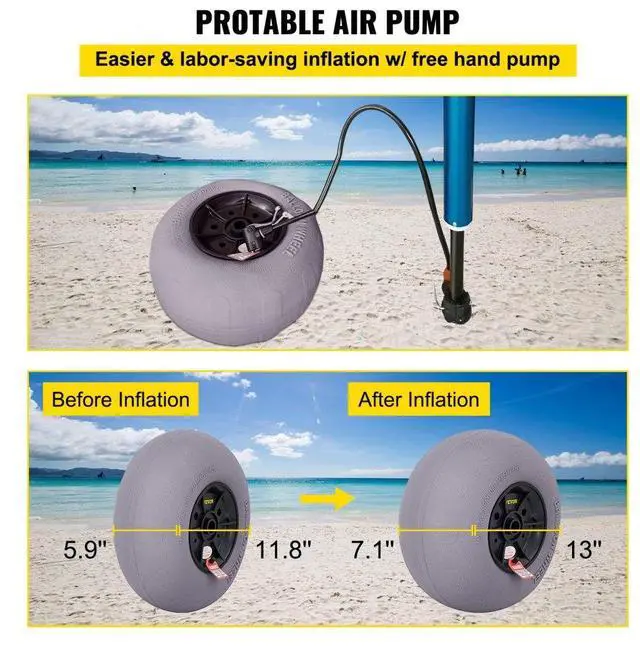 Alt view image 7 of 8 - VEVOR Beach Balloon Wheels, 13" Replacement Sand Tires, TPU Cart Tires for Kayak Dolly, Canoe Cart and Buggy w/Free Air Pump, 2-Pack