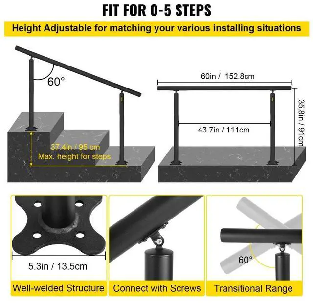 Alt view image 4 of 8 - VEVOR Outdoor Stair Railing Kit, 5 FT Handrails 0-5 Steps, Adjustable Angle Black Aluminum Stair Hand Rail for The Elderly, Handrails for Indoor & Outdoor Steps