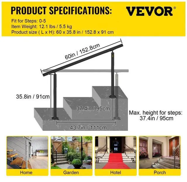 Alt view image 8 of 8 - VEVOR Outdoor Stair Railing Kit, 5 FT Handrails 0-5 Steps, Adjustable Angle Black Aluminum Stair Hand Rail for The Elderly, Handrails for Indoor & Outdoor Steps