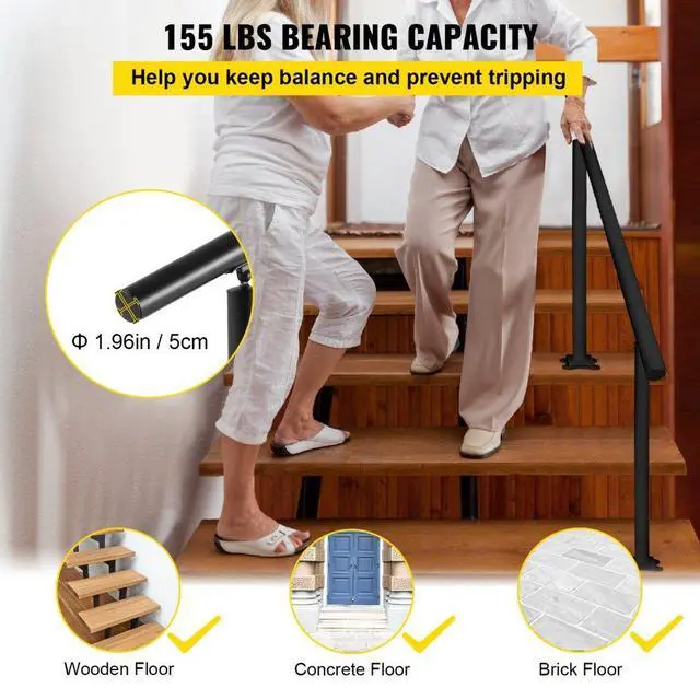 Alt view image 6 of 8 - VEVOR Outdoor Stair Railing Kit, 5 FT Handrails 0-5 Steps, Adjustable Angle Black Aluminum Stair Hand Rail for The Elderly, Handrails for Indoor & Outdoor Steps