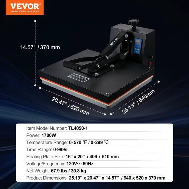 Alt view image 8 of 8 - VEVOR Heat Press 16x20, 1700W Power Heat Press Machine, Fast Heating, High Pressure Heat Press Machine for T-Shirt, Digital Industrial Sublimation Printer for Heat Transfer Vinyl, Easy to Use, Black