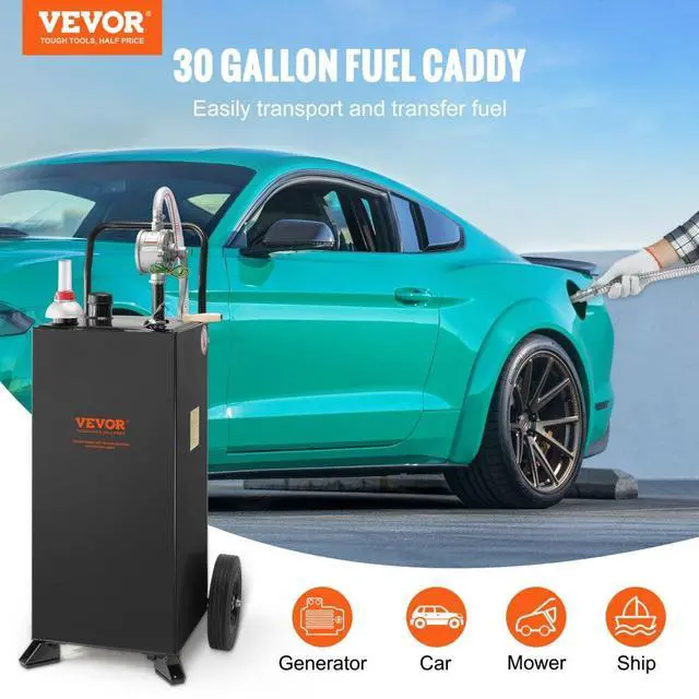 Alt view image 3 of 8 - VEVOR 30 Gallon Gas Caddy, Fuel Storage Tank with Wheels, Portable Fuel Caddy with Manuel Transfer Pump, Gasoline Diesel Fuel Container for Cars, Lawn Mowers, ATVs, Boats, More, Black