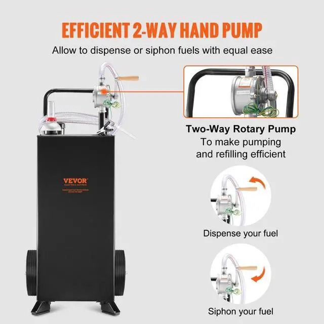 Alt view image 4 of 8 - VEVOR 30 Gallon Gas Caddy, Fuel Storage Tank with Wheels, Portable Fuel Caddy with Manuel Transfer Pump, Gasoline Diesel Fuel Container for Cars, Lawn Mowers, ATVs, Boats, More, Black