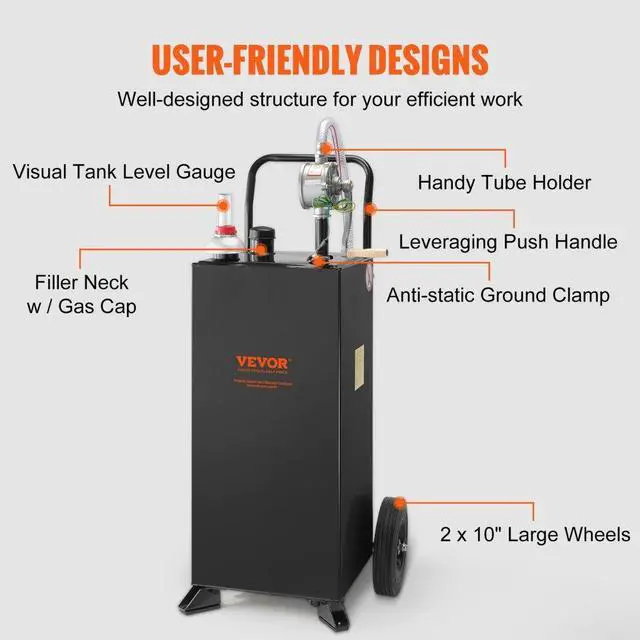 Alt view image 5 of 8 - VEVOR 30 Gallon Gas Caddy, Fuel Storage Tank with Wheels, Portable Fuel Caddy with Manuel Transfer Pump, Gasoline Diesel Fuel Container for Cars, Lawn Mowers, ATVs, Boats, More, Black