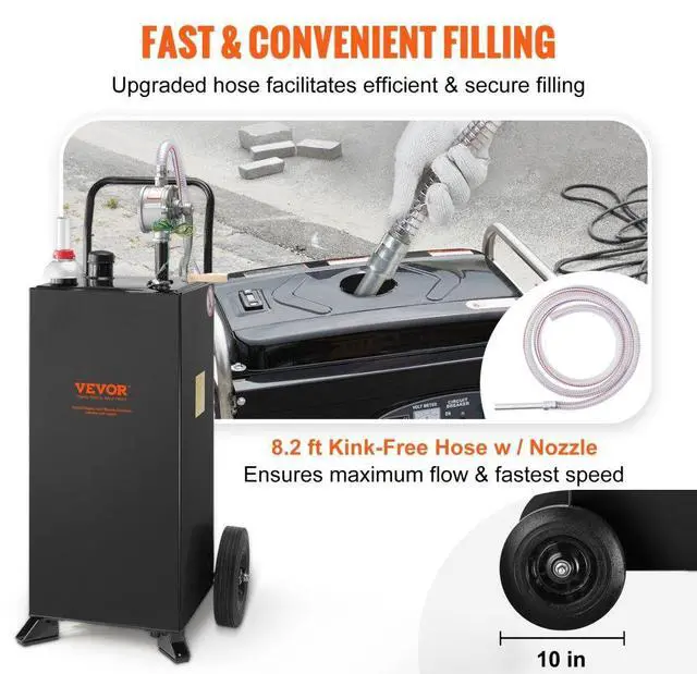 Alt view image 7 of 8 - VEVOR 30 Gallon Gas Caddy, Fuel Storage Tank with Wheels, Portable Fuel Caddy with Manuel Transfer Pump, Gasoline Diesel Fuel Container for Cars, Lawn Mowers, ATVs, Boats, More, Black