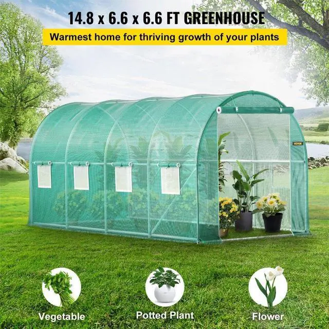 Alt view image 3 of 8 - VEVOR Walk-in Tunnel Greenhouse, 15 x 7 x 7 ft Portable Plant Hot House w/ Galvanized Steel Hoops, 1 Top Beam, Diagonal Poles, Zippered Door & 8 Roll-up Windows, Green