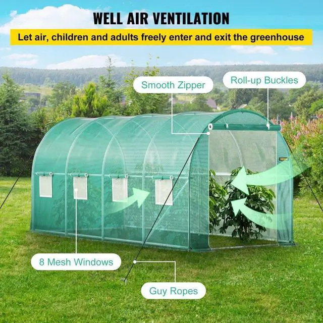 Alt view image 6 of 8 - VEVOR Walk-in Tunnel Greenhouse, 15 x 7 x 7 ft Portable Plant Hot House w/ Galvanized Steel Hoops, 1 Top Beam, Diagonal Poles, Zippered Door & 8 Roll-up Windows, Green