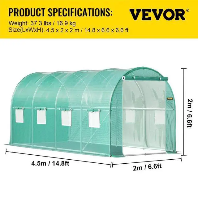 Alt view image 8 of 8 - VEVOR Walk-in Tunnel Greenhouse, 15 x 7 x 7 ft Portable Plant Hot House w/ Galvanized Steel Hoops, 1 Top Beam, Diagonal Poles, Zippered Door & 8 Roll-up Windows, Green