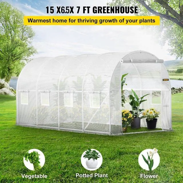 Alt view image 3 of 8 - VEVOR Walk-in Tunnel Greenhouse, 15 x 7 x 7 ft Portable Plant Hot House w/ Galvanized Steel Hoops, 1 Top Beam, Diagonal Poles, Zippered Door & 8 Roll-up Windows, White