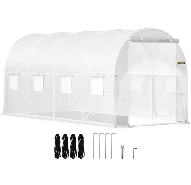 Alt view image 2 of 8 - VEVOR Walk-in Tunnel Greenhouse, 15 x 7 x 7 ft Portable Plant Hot House w/ Galvanized Steel Hoops, 1 Top Beam, Diagonal Poles, Zippered Door & 8 Roll-up Windows, White