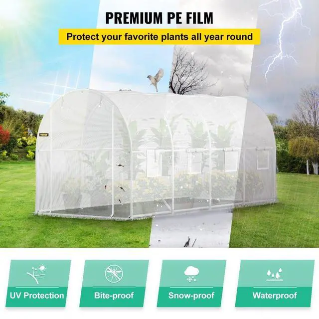 Alt view image 5 of 8 - VEVOR Walk-in Tunnel Greenhouse, 15 x 7 x 7 ft Portable Plant Hot House w/ Galvanized Steel Hoops, 1 Top Beam, Diagonal Poles, Zippered Door & 8 Roll-up Windows, White