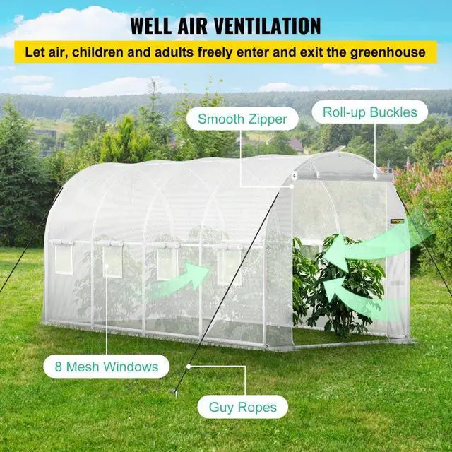 Alt view image 6 of 8 - VEVOR Walk-in Tunnel Greenhouse, 15 x 7 x 7 ft Portable Plant Hot House w/ Galvanized Steel Hoops, 1 Top Beam, Diagonal Poles, Zippered Door & 8 Roll-up Windows, White
