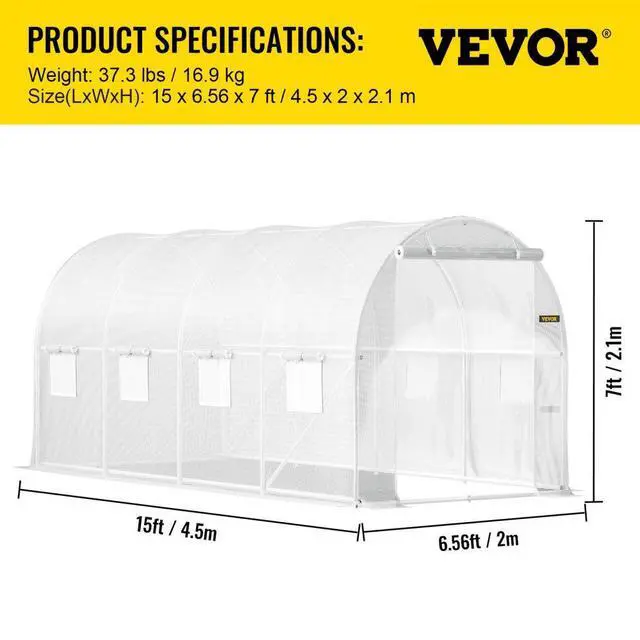 Alt view image 8 of 8 - VEVOR Walk-in Tunnel Greenhouse, 15 x 7 x 7 ft Portable Plant Hot House w/ Galvanized Steel Hoops, 1 Top Beam, Diagonal Poles, Zippered Door & 8 Roll-up Windows, White