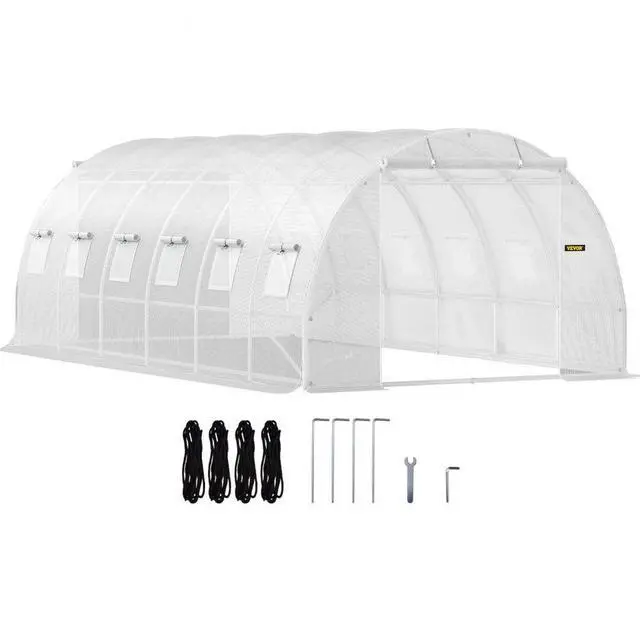 Alt view image 2 of 8 - VEVOR Walk-in Tunnel Greenhouse, 20 x 10 x 7 ft Portable Plant Hot House w/ Galvanized Steel Hoops, 3 Top Beams, Diagonal Poles, 2 Zippered Doors & 12 Roll-up Windows, White